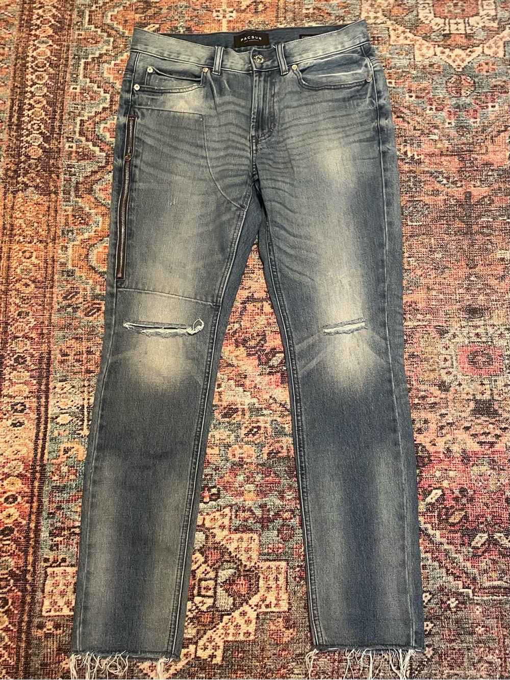 PacSun Men's Light Blue Ripped Skinny Jeans with Side Zip Leg Pocket